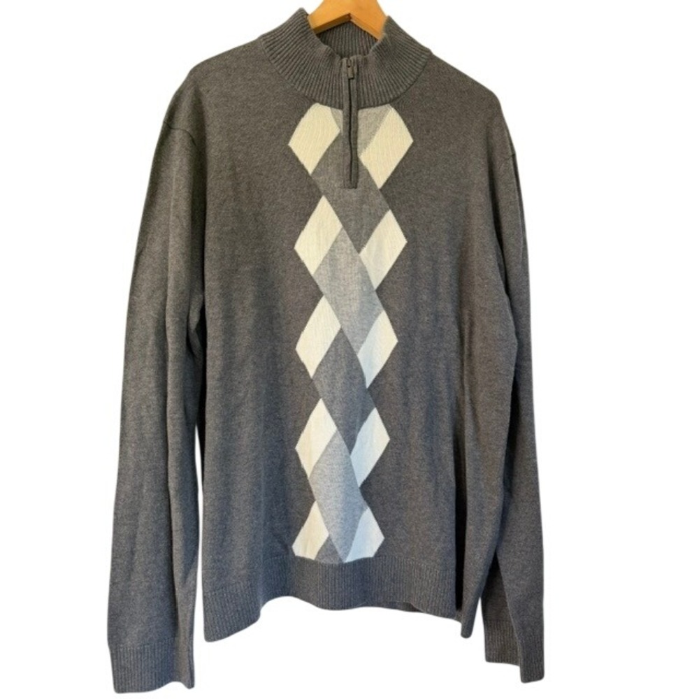 Alfani Mens XL Grey Argyle 1/4 Zip Cotton Mock Neck Sweater Geometric Knit